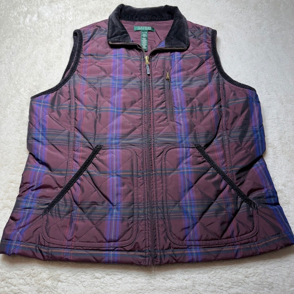 Lauren Ralph Lauren Womens XL Quilted Plaid Vest Burgundy Blue Corduroy Collar